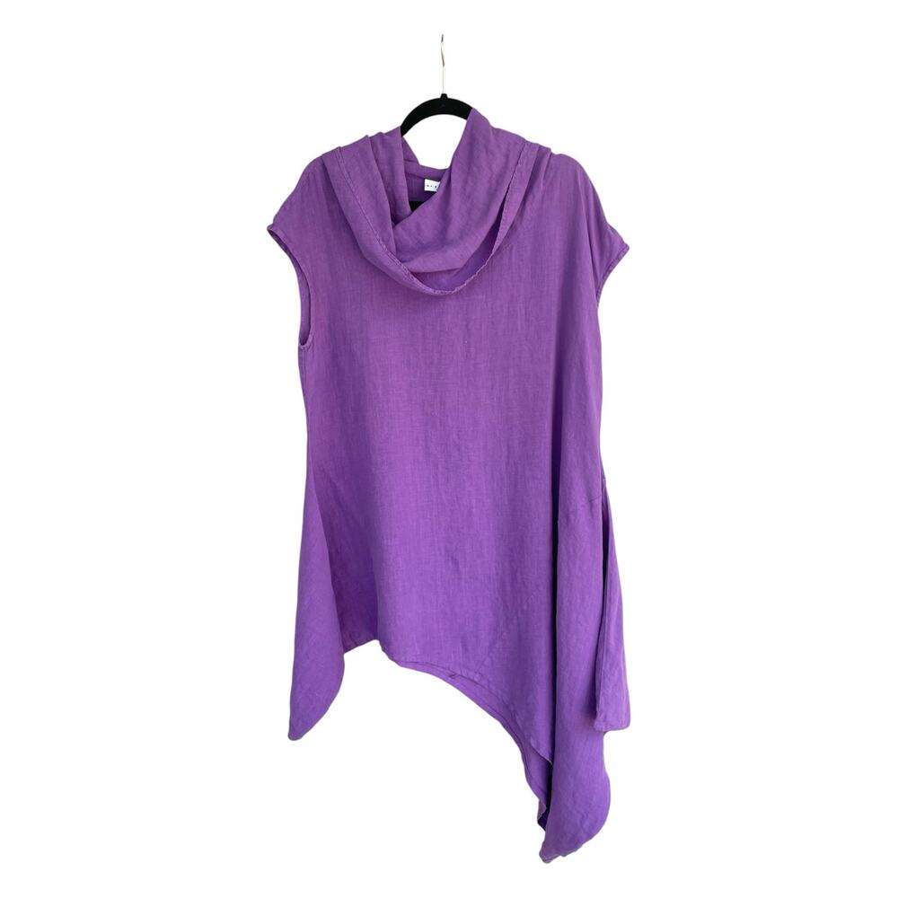 Bryn Walker Tunic Top Size L Purple 100% Linen Cowl Neck Asym Hem USA Boho